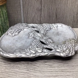 Grape Pattern Aluminum Pewter Metal Candy Nut Nick Nack Dish 6.5" Long Divided - Picture 1 of 7