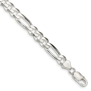 7.75mm Rhodium Plated Sterling Silver Solid Figaro Chain Bracelet 8 In - Picture 1 of 4