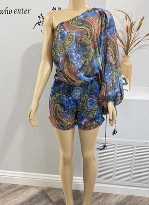 Va Va Voom One Shoulder Romper Sz L One Piece Elastic Band Waist Floral Paisley - Image 1 of 4