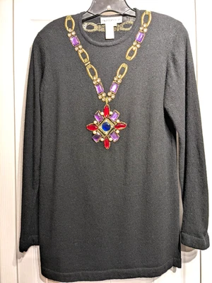 Vintage Outlander Sweater Womens Medium Black Angora Lambswool Jeweled Necklace - Image 1 of 4
