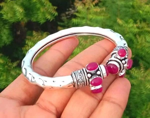 Pink Ruby Gemstone 925 Sterling Silver Plated Adjustable 1PC Cuff Bangle Jewelry - Picture 1 of 2