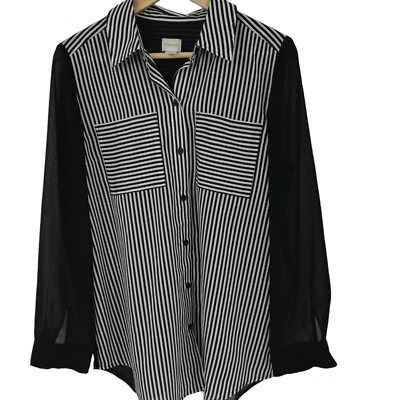 Chicos Sheer Striped Button Up Blouse Shirt Size 1 M Dark Acadamia Pleated Loose - Image 1 of 4