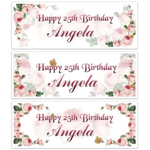  LADIES PERSONALISED FLOWERS ROSE FLORAL HAPPY BIRTHDAY NAME BANNERS WALL  - Picture 1 of 7