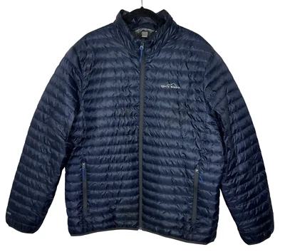 Chaqueta acolchada de plumón Eddie Bauer talla XL para hombre azul marino cuello falso invierno cremallera completa Foto 1 de 4