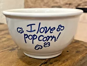 Ciotola Vintage Gibson China Ceramica "I Love Popcorn!" 3,75" X 6,5" Bianco Blu Lett - Foto 1 di 6