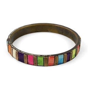 VINTAGE MULTI COLOR STRIPE ENAMEL INLAY BRASS BANGLE BRACELET HIPPIE BOHO - Picture 1 of 9
