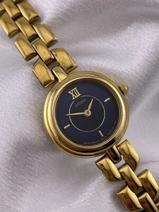 Vintage Citizen Ladies Gold Tone Black Dial Thin Dainty Watch Minimalist Chic - Picture 1 of 10