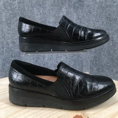 Clarks Unstructured Shoes Womens 8M Shaylin Ave Loafers Black Leather Croc Print - Image 1 of 4