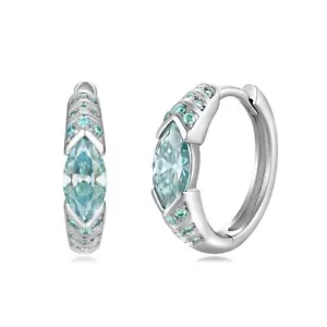 Blue Green Marquise Cut Hoop Huggie Earrings Men Women S925 Silver GRA Certified - Picture 1 of 11