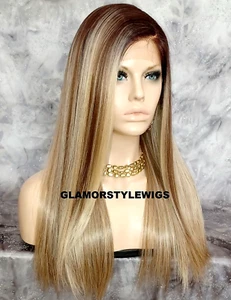 LACE FRONT FULL WIG LONG STRAIGHT LAYERED SIDE PART OMBRE ASH BLONDE MIX HEAT OK - Picture 1 of 6
