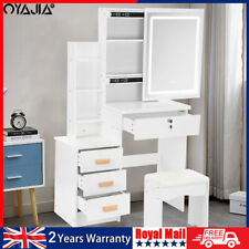 White Dressing Table and Stool Set w/4 Drawers LED Dimmable Mirror Make up Desk