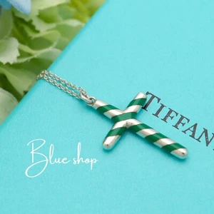 Tiffany & Co. Palina Green Enamel Stripe Cross Necklace Pendant 18.5" Silver - Picture 1 of 11