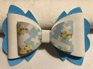EASTER 3 LAYER FLOWER HAIR BOW, BLUE AND WHITE W/ CROSSES, 4X2.5" HOMEMADE - Picture 1 of 3
