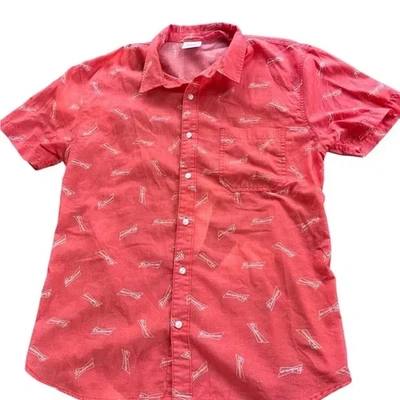 Budweiser Shirt Mens Large Red Button Up Short Sleeve Beer Logo Allover Print - Image 1 of 3