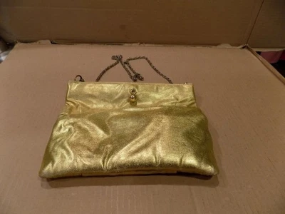 Vintage Ladies Gold Lame 8 3/4" Evening Bag w/ Chain Strap Hinged Sides - Image 1 of 4