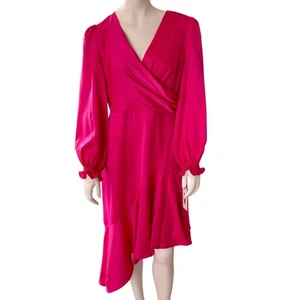 DKNY Surplice V-Neck Faux Wickelkleid lang Ballonärmel asymmetrischer Saum NEU - Bild 1 von 6