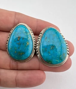 ENORMES Pendientes Navajo de Colección Plata Esterlina Palmeados Kingman Turquesa Poste 1 3/8" - Imagen 1 de 4