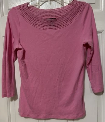 Ralph Lauren Pink Boat Neck Top Size M Crochet Lace Trim 3/4 Sleeve Shirt - Image 1 of 4