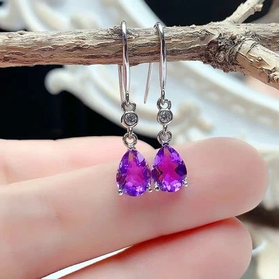 Purple Pear Halo Drop Stud Earrings 925 Sterling Silver  Women Jewellery Gift UK - Image 1 of 4