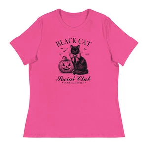 Halloween Black Cat Social Club Women's T-Shirt  - Picture 1 of 16