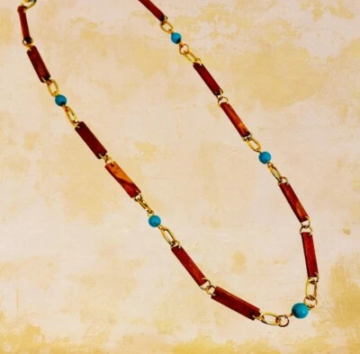Brown wood necklace with turquoise round stone beads  with gold links New - Image 1 of 4