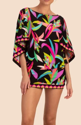 $152 NUEVO CON ETIQUETAS TRINA TURK Talla XL AVES DEL PARAÍSO MANGA 3/4 TÚNICA ENCUBRIMIENTO MULTI Foto 1 de 4