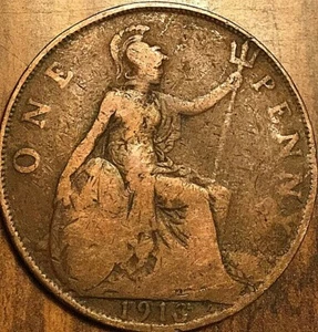 1913 UK GB GREAT BRITAIN ONE PENNY - Picture 1 of 2