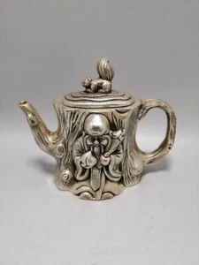 Teiera albero immortale scoiattolo intagliato bronzo argento antico decorato da collezione - Foto 1 di 8