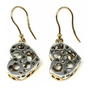 Italian 14k Two Tone Gold 3D Heart Dangling Earrings 1.5" 5.6 grams - Picture 1 of 4