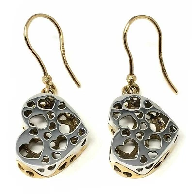 Italian 14k Two Tone Gold 3D Heart Dangling Earrings 1.5" 5.6 grams - Image 1 of 4