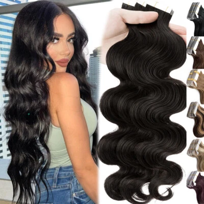 Body Wave Tape In 100% Remy Human Hair Extensions Skin Weft THICK Full Head Ashy - Image 1 of 4