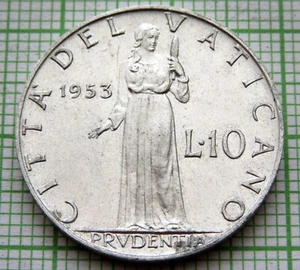 VATICAN PIVS XII 1953 10 LIRE, PRUDENTIA, ALUMINUM AUNC LUSTRE - Picture 1 of 4