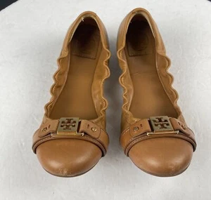 TORY BURCH Ambrose Ballet Pisos Mujer Talla 9 M Cuero Marrón Camel Hebilla Dorada - Imagen 1 de 12