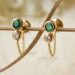 Zambia Emerald Gemstone Diamond Drop Chain 14K Solid Yellow Gold Stud Earrings - Picture 1 of 3