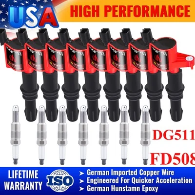 Paquete de 8 bobinas de encendido y bujías DG511 para Ford F250 F350 1999-2008 UF537 IC558 Foto 1 de 4