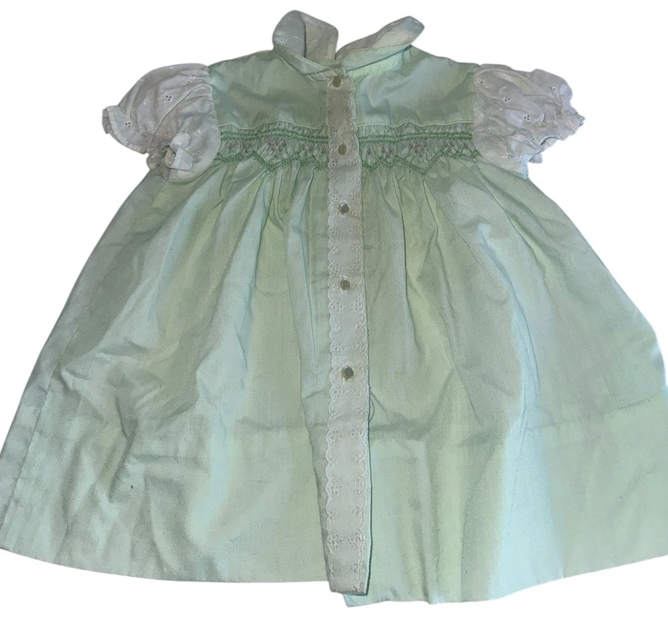 Vestido Vintage Polly Flinders Niña Pequeña Talla 18M Verde Claro Ojales Foto 1 de 4