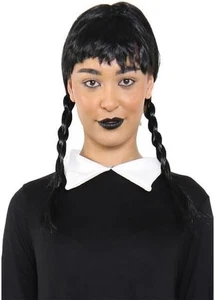 Lange schwarze geflochtene Damenperücke Wednesday Addams Gothic Schulmädchen Kostüm Perücke " - Bild 1 von 1