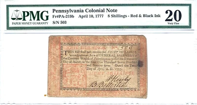 Pennsylvania Colonial Note April 10 1777 PA-219b 8 Shillings PMG 20 Red & Black - Image 1 of 2