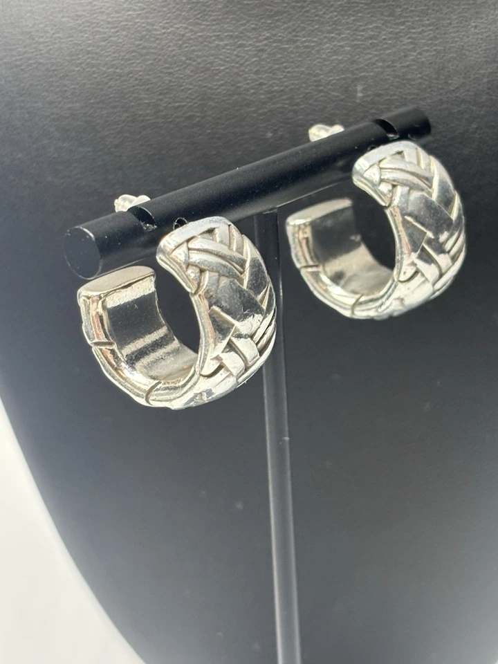 Sterling Silver Hoop Earrings Ribbed Braided Woven 1” Chunky Statement - Image 1 of 4
