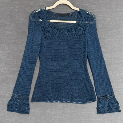 BCBG Maxazria Sweater Large Blue Crochet Open Knit Bell Sleeve Boho 90s y2k - Image 1 of 4
