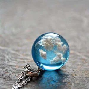 Resin Ball Moon Pendant Necklace Blue Sky White Cloud Chain Necklace Jewelry _pu - Picture 1 of 14