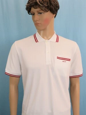 NUEVA CAMISETA POLO BALLY BLANCA ALGODÓN CUELLO TELA BOLSILLO BOTÓN ROJO LOGO 52 42 Foto 1 de 4