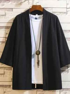 Men's Lightweight Kimono Shirt Seven Sleeve Open Front Cardigan Japanese New - Picture 1 of 18