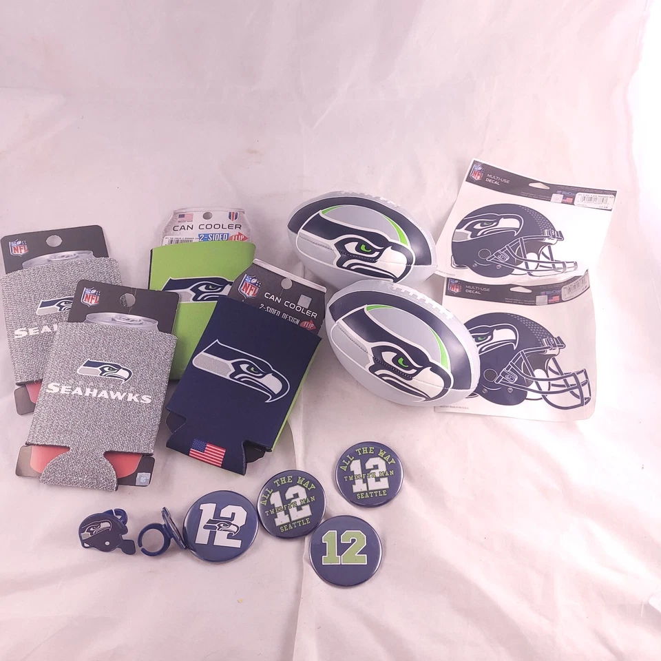 Seattle Seahawks Football Fan Lot Decals, Buttons, Rings, Footballs, Can Coolers - Image 1 of 4