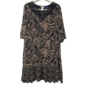 Catherines Tan Black Paisley Short Pleated Hem Beaded Mesh Detail 18/20 W Petite - Picture 1 of 11