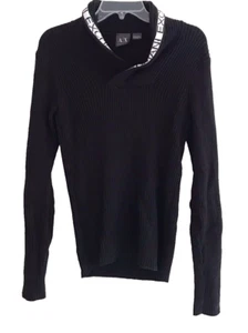 Armani Exchange Shawl Neck Ribbed Sweater Womens XS Black Logo Pullover - Picture 1 of 9