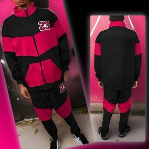 ^23^ (BLACK-HOT PINK) ZIP UP TRACKSUITS (CUT & SEW) (UNISEX) - Picture 1 of 14