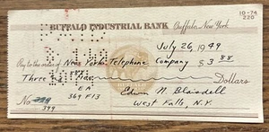 Buffalo NY Industrial Bank Cancelled Check Dated July 26 1949 New York Telephone - Imagen 1 de 2