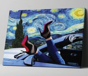 VAN GOGH STARRY NIGHT SUNSET LADY PAINTING WALL ART LIVING ROOM CANVAS FRAMED - Picture 1 of 8