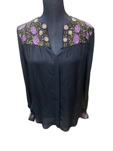 Camicia alta hippie blu navy trasparente ricamata 100% seta boho taglia small - Foto 1 di 10